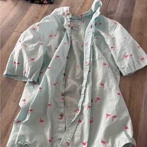 Old Navy Aqua Shirt with Pink Flamingo Design